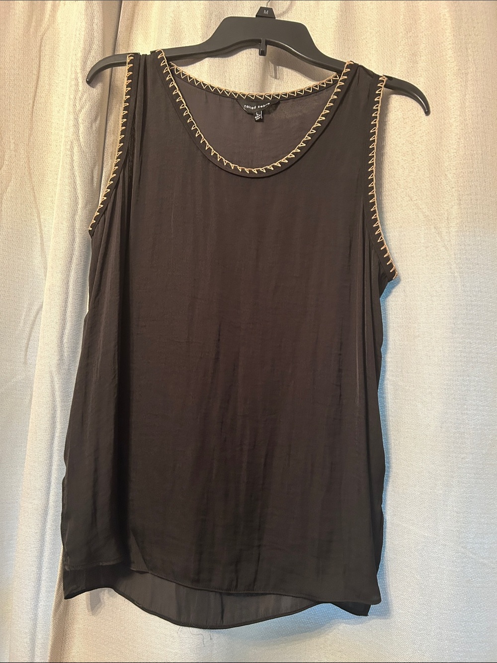 Naked Zebra sleevless Black Tank with Beige Stitch Trim - Size L